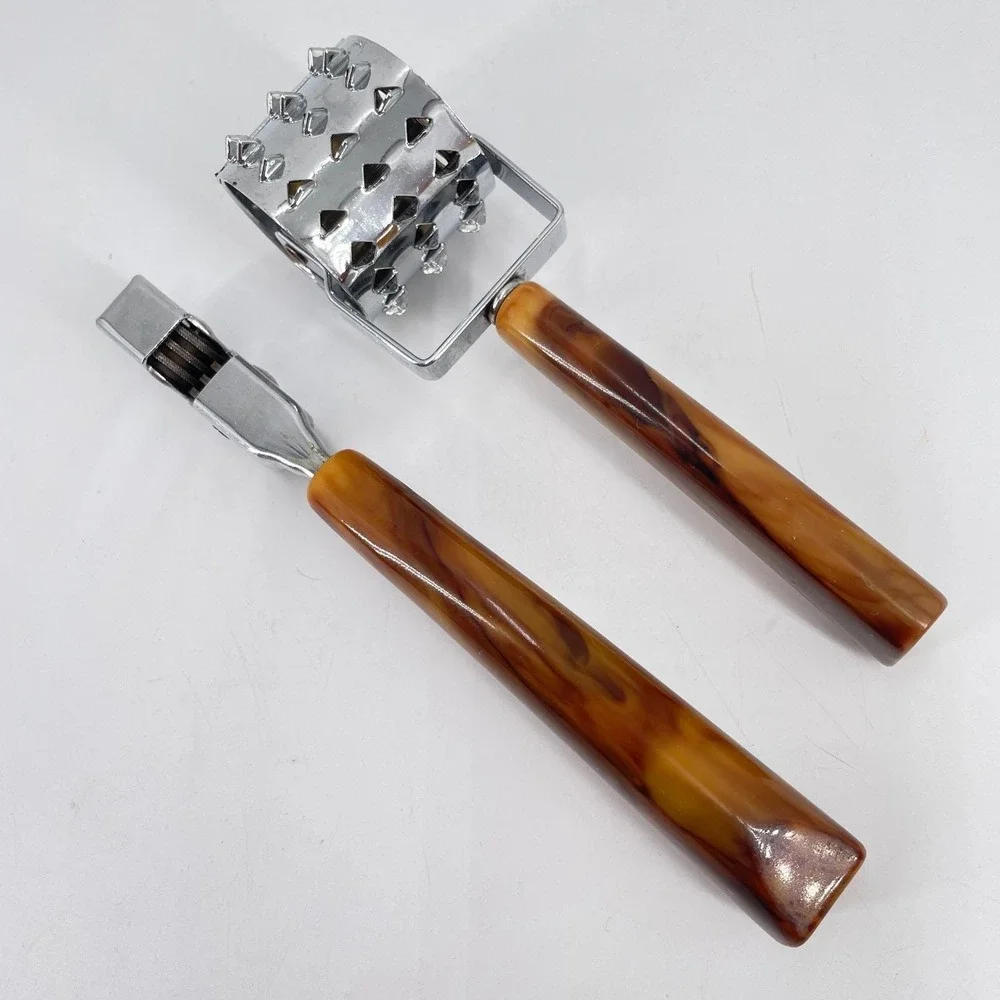 Vtg Bakelite Handle Rolling Meat Tenderizer Knife Sharpener Set Marbled
